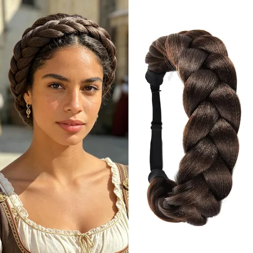 Diadema trenzada bohemia de gran tamaño, trenzas anchas clásicas, correa elástica ajustable, peluca sintética, trenzas para mujer, accesorios de