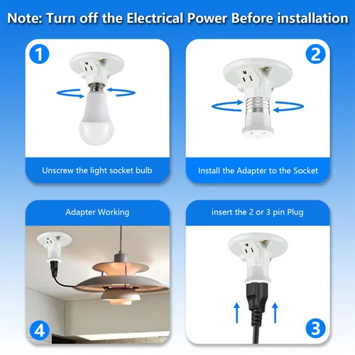 Miniatura 6 de Paquete de 8, Adaptador de Enchufe de Luz a Enchufe, Convierte el Enchufe de Bombilla en Adaptador de Salida (Blanco).