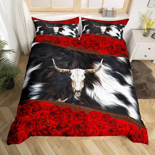 Miniatura 7 de Manfei Juego de funda de edredón de piel de vaca, tamaño individual, juego de ropa de cama de flores de rosa roja, 2 piezas para niños y niñas