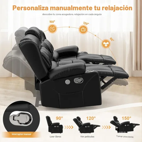 Miniatura 7 de Dresegmt Sofá reclinable biplaza, diseño de respaldo central abatible, sofá reclinable de 3 asientos de piel sintética con cajón de almacenamiento