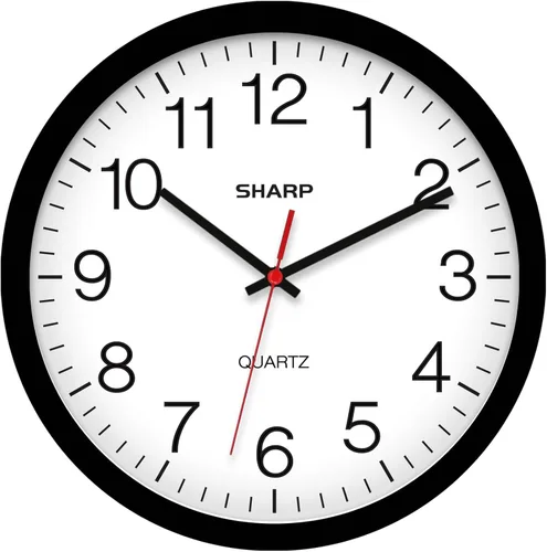 Reloj de pared Sharp – Negro, silencioso sin tictac de 12 pulgadas, de cuarzo de calidad, funciona con pilas, redondo, fácil de leer, para hogar,