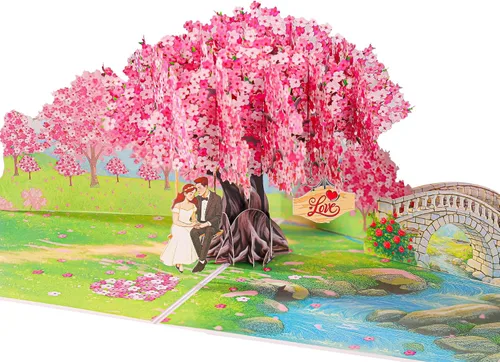 Miniatura 9 de Tarjetas de aniversario desplegables, flores de cerezo en 3D y pareja enamorada, San Valentín, tarjetas de boda para esposa, marido, ella, él