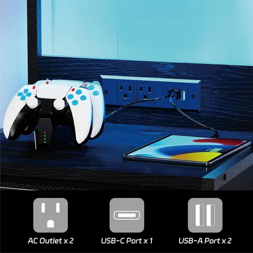 Miniatura 4 de SZLHANJZ - Mesita de noche LED con estación de carga, mesita de noche con 3 cajones y luces, mesa auxiliar de almacenamiento con estante y ganchos
