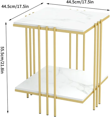 Miniatura 3 de Wisfor Mesa auxiliar de piedra sinterizada: mesa auxiliar de sofá blanca cuadrada de 2 niveles - Mesa de centro pequeña con marco dorado - Moderna