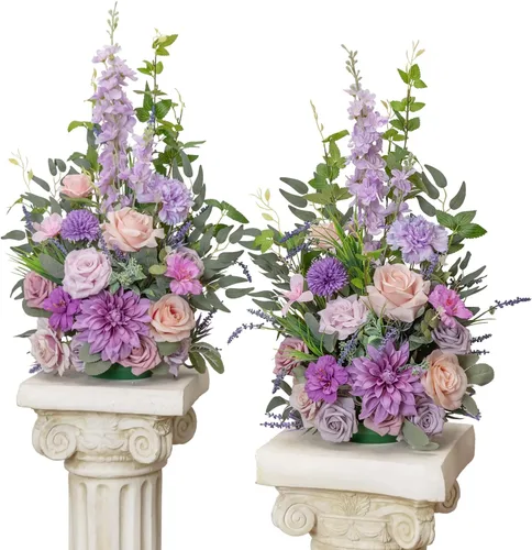 Miniatura 11 de TINGE TIME Juego de 2 flores artificiales de pie, centro de mesa con almohadilla de goma, flor falsa de seda para centro de mesa de boda, arco