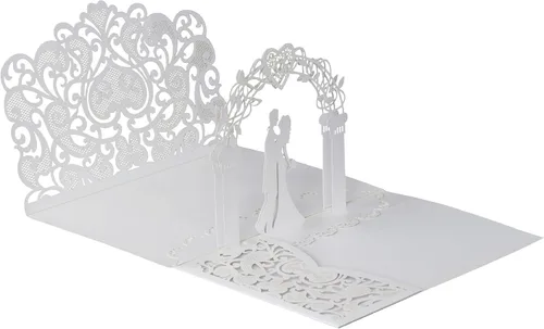 Miniatura 10 de NC Paquete de 10 invitaciones de boda desplegables en 3D doradas, elegantes tarjetas de aniversario de diseño de novia y novio para celebraciones