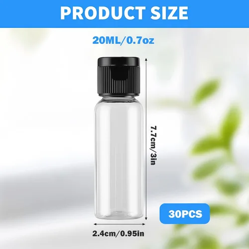 Miniatura 2 de Paquete de 30 botellas de viaje vacías de plástico de 0.7 onzas con tapa abatible, recipientes cosméticos para lociones, champús y aceites de masaje