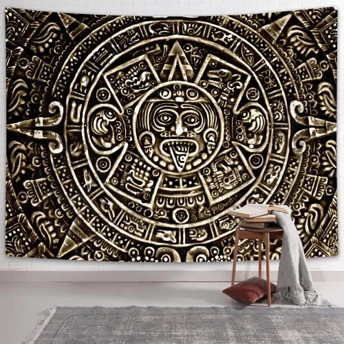 Miniatura 7 de Tapiz maya azteca para colgar en la pared, vista cercana de la historia del antiguo calendario azteca de la civilización maya, decoración artística