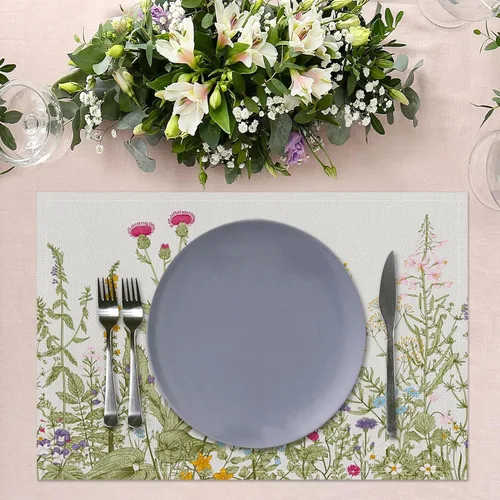 Miniatura 3 de Juego de 6 manteles individuales vintage con flores silvestres de 12 x 18 pulgadas, manteles individuales de tela de lino con plantas de jardín