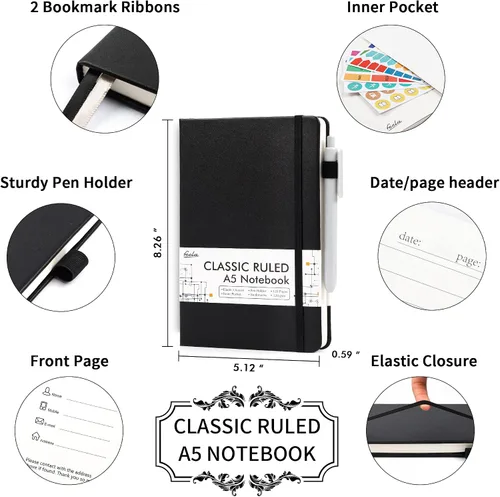 Miniatura 2 de feela Paquete de 8 cuadernos a granel para la escuela, cuadernos de negocios de tapa dura, diarios clásicos rayados con soporte para bolígrafo