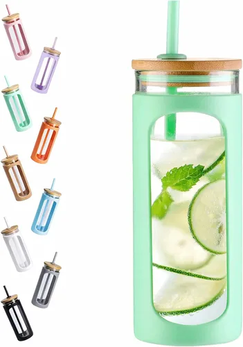 Miniatura 41 de Kodrine Vaso para agua de vidrio de 20 onzas con popote y tapa, botella de agua con tapas de bambú, taza para café helado, reutilizable, boca ancha