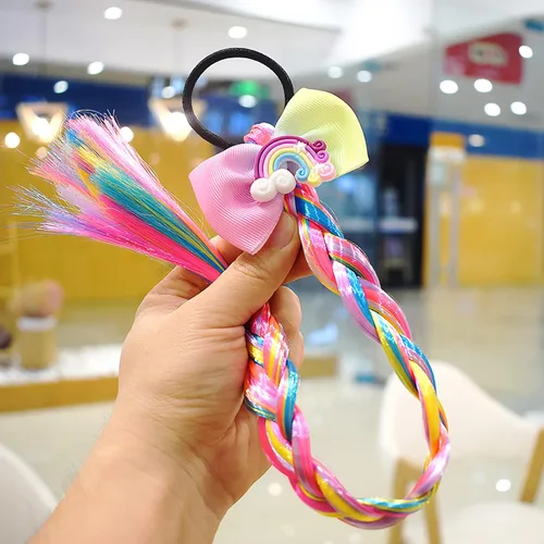 Miniatura 5 de 6 extensiones de cabello de trenzas de colores para niñas con bandas de goma, extensiones trenzadas de arco iris, lazos para el cabello, peluca