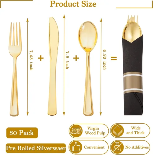 Miniatura 5 de Supernal Juego de 30 Cubiertos de Plástico Dorado Preenvueltos con Servilletas, Juego de Cubiertos de Plástico Envueltos, Utensilios Desechables