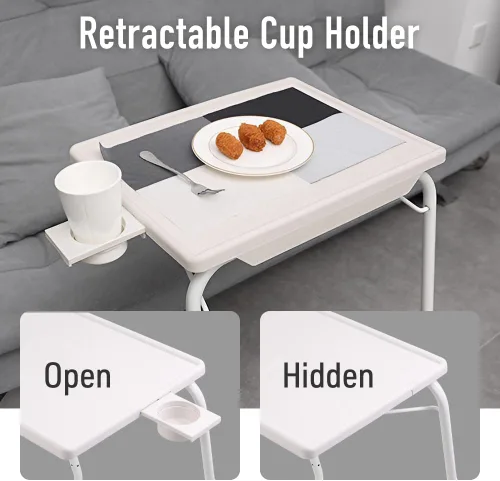Miniatura 8 de Japard Mesa plegable para TV, mesita de noche pequeña con soporte para tazas, ajustable de 6 alturas y 3 ángulos de inclinación (negro, 2 piezas)