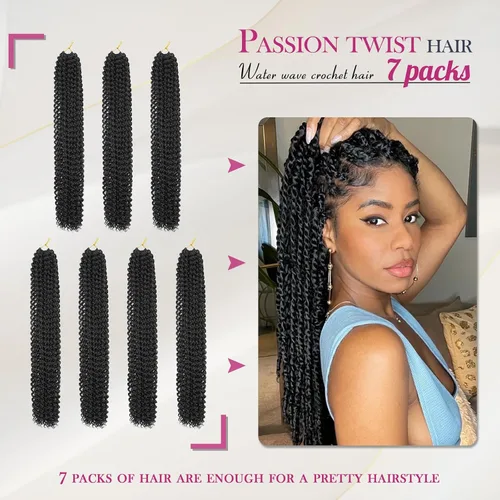 Miniatura 2 de Dansama - 7 paquetes de extensiones de cabello trenzado ondulado Passion Twist, extensiones de cabello de trenzas con ganchillo estilo mariposa, #1B