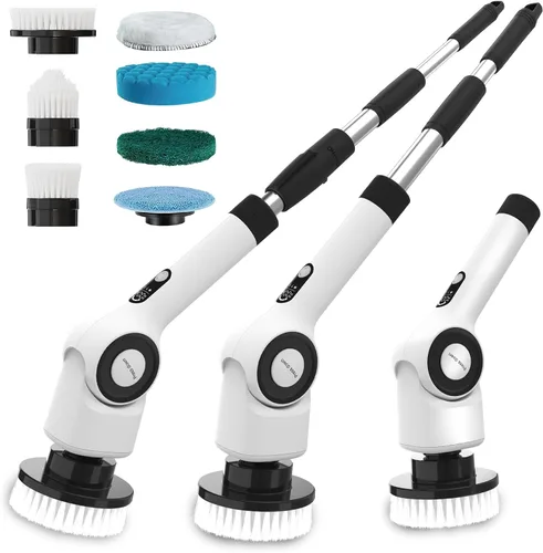 Limpiador eléctrico giratorio, cepillo de limpieza inalámbrico con 8 cabezales de cepillo reemplazables, limpiador de potencia de 360° para bañera y