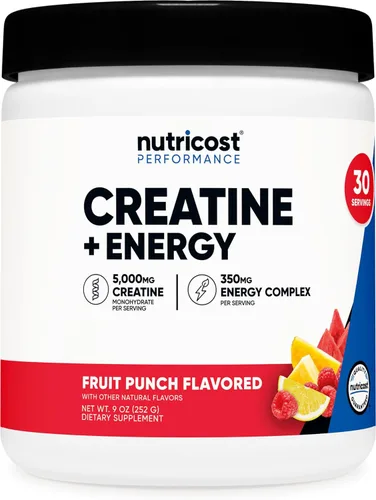 Nutricost Creatina + Energía 30 porciones (sabor a ponche de fruta) - 5,000 mg de monohidrato de creatina + 350 mg de complejo energético por porción