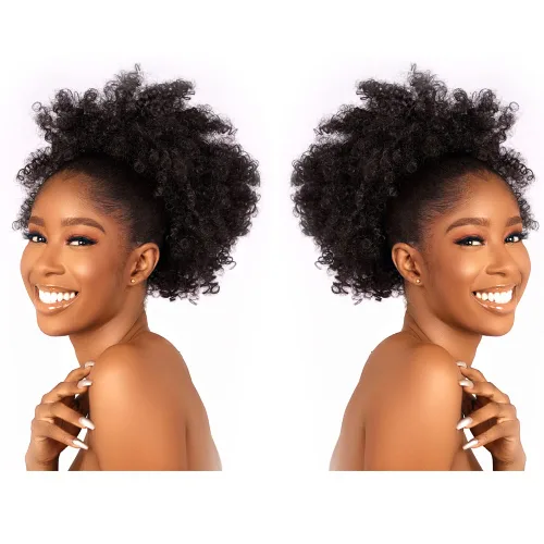 Miniatura 3 de Extensión de cola de caballo rizada con cordón para mujeres negras, extensiones de cabello sintético corto afro kinkys rizado con dos clips (1#)