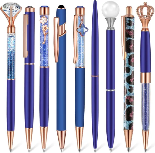 Miniatura 9 de Janmini Juego de 9 bolígrafos de punta de bola de metal con diamantes de cristal y purpurina para diario, tinta negra, cosas bonitas y lindas