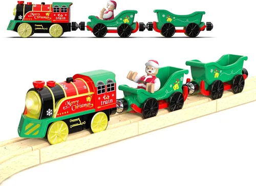 Juego de tren eléctrico para pistas de madera, juguete de trenes a batería con luces y sonidos para niños pequeños, tren motorizado para niños,