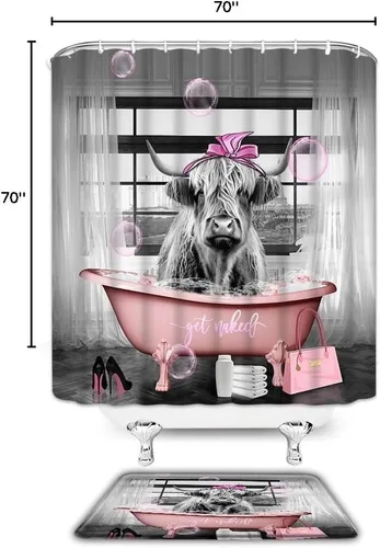 Miniatura 5 de Juego de 2 cortinas de ducha para baño, diseño de vaca de las tierras altas, color rosa, divertido y lindo animal para tina, bolsa de tacón alto