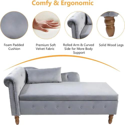 Miniatura 3 de Aoowow Banco de almacenamiento de terciopelo para dormitorio, extremo de la cama, sofá con brazo enrollado, tumbona para interiores con Gris 58