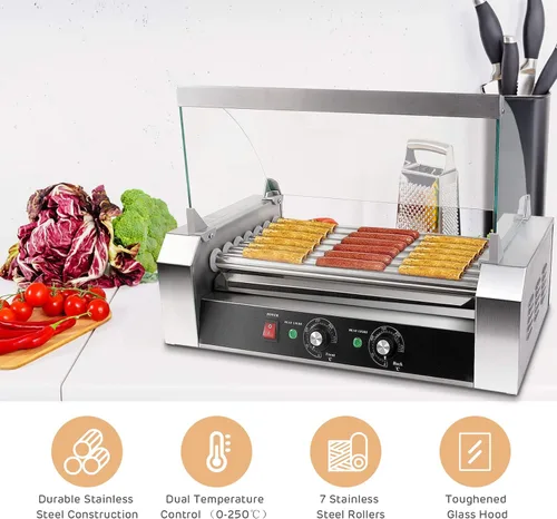 Miniatura 7 de Happygrill Máquina de rodillos para perros calientes, parrilla eléctrica de salchichas con 18 perros calientes, 7 antiadherentes, bandeja de goteo