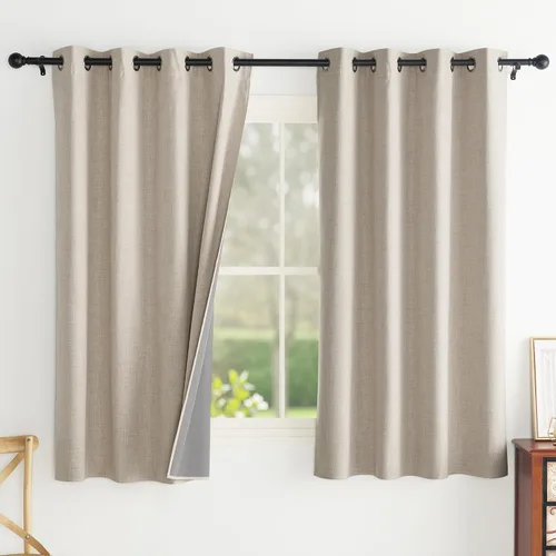 Miniatura 42 de PONY DANCE Juego de 2 paneles de cortinas de cocina beige de 45 pulgadas de largo, cortinas de lino 100% opacas para ventana pequeña, cortinas