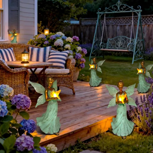 Miniatura 9 de Decoración solar de estatua de jardín de hadas, figura de resina de ángel de 10 pulgadas, impermeable, decoración del hogar con luces LED de colibrí