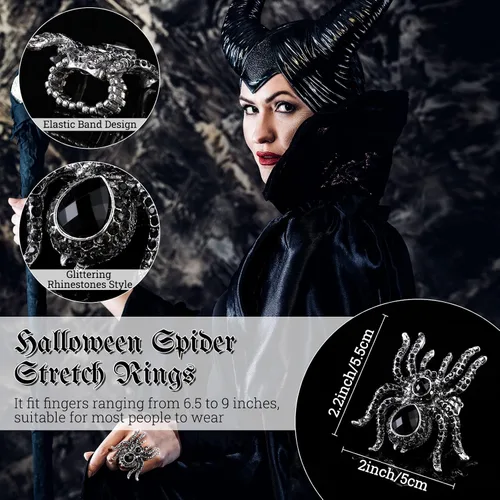 Miniatura 2 de 3 anillos elásticos de araña de Halloween para dedos de tamaño 6.5 a 9, cierre de bufanda de seda colorida, anillos elásticos de araña para mujer