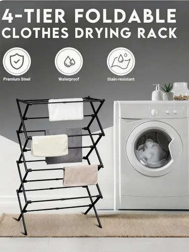 Miniatura 2 de ZOES HOMEWARE Tendedero de ropa de 4 niveles, 4 pies de alto plegable para secar ropa para interiores y exteriores, tendedero de ropa portátil Negro