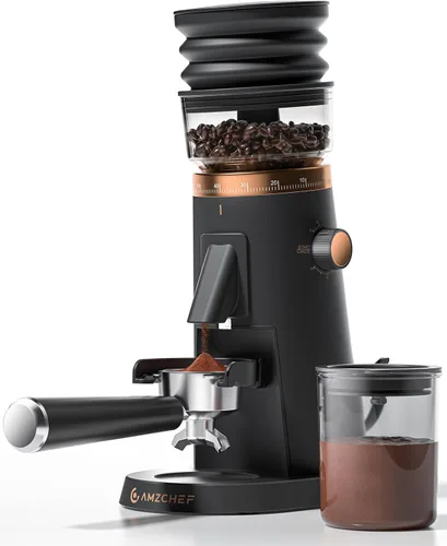 AMZCHEF Molinillo de café de dosis única, molinillo de rebabas de 75 ajustes, rebabas cónicas de 1.575 in, diseño antiestático y de baja retención,