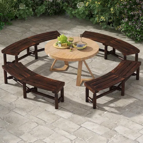 Miniatura 11 de Tangkula Banco de patio curvo, banco de comedor de madera carbonizada, asiento espacioso y con listones, carga máxima de 710 LBS, banco de 2 plazas