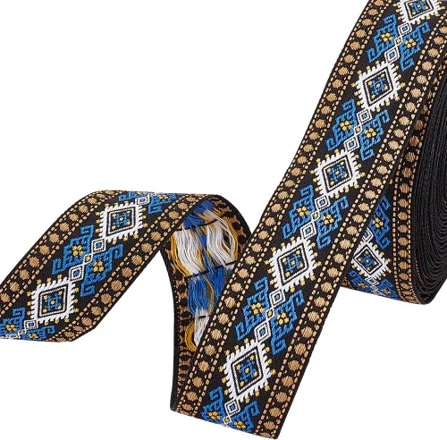 Miniatura 7 de PH PandaHall Cinta jacquard bohemia de 7.66 yardas, 2 pulgadas/2.0 in, rombos bordados, estilo étnico, cintas de poliéster con flecos para coser