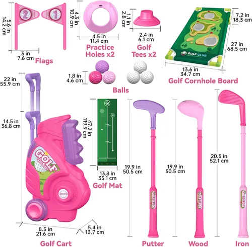 Miniatura 7 de Liberry Juego de golf para niños de 2, 3 y 4 años, carrito de golf mejorado para niños con tabla de golf y tapete de golf, juguetes de golf para Rosa