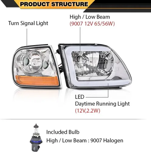 Miniatura 3 de CNNELL Juego de faros LED DRL estilo relámpago y luces de estacionamiento de esquina Lig compatibles con F150 Expedition 1997-2002/Ford F150