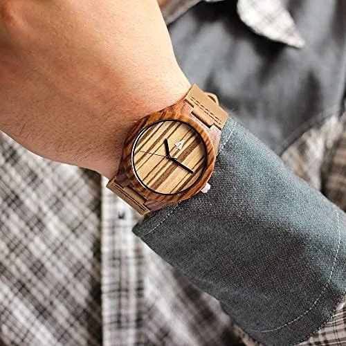 Miniatura 3 de Treehut - Reloj de pulsera para hombre de cuarzo de madera con correa de cuero de calidad superior