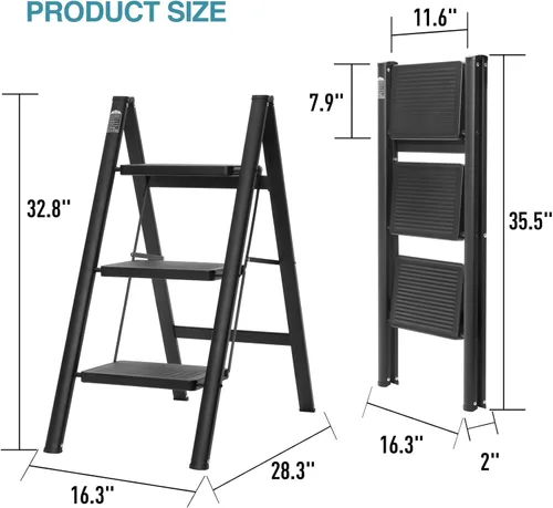 Miniatura 4 de BOCOM Escalera de 3 escalones, taburete plegable ligero y portátil de metal de hierro resistente con pedal ancho antideslizante, capacidad de carga