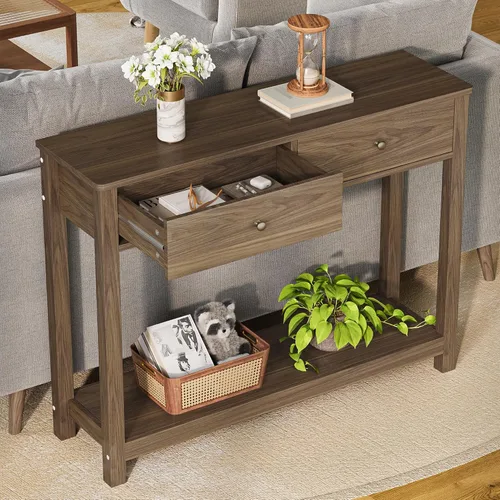 Miniatura 9 de Gizoon - Mesa de consola con 2 cajones, mesa de entrada de 2 niveles de madera con estantes de almacenamiento, mesa de sofá de 39" de ancho
