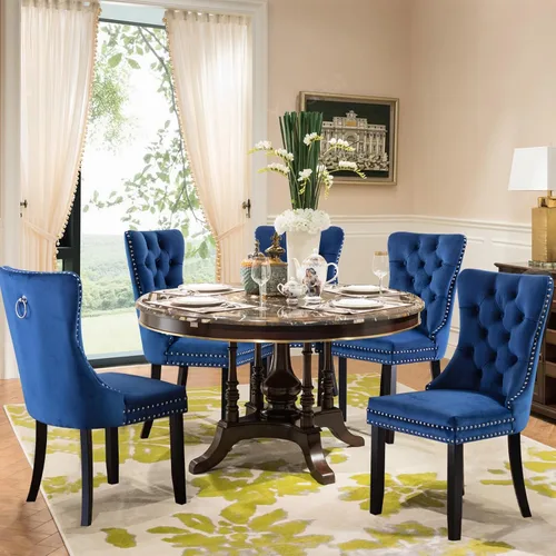 Miniatura 3 de Juego de 6 sillas de comedor tapizadas de terciopelo, sillas laterales de cocina de estilo moderno con ribete de cabeza de clavo y patas de madera