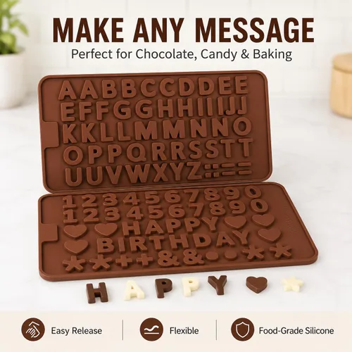 Miniatura 2 de Mini moldes de silicona para letras y números, paquete de 2 moldes de chocolate con letras A-Z, números del 0 a 9 y feliz cumpleaños, pequeños