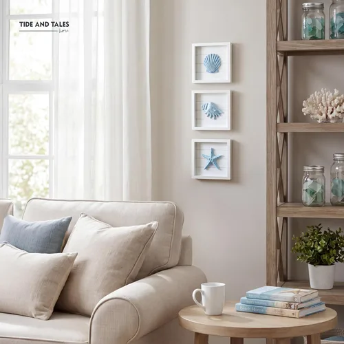 Miniatura 3 de TideAndTales - Arte de pared 3D costero con diseño de conchas y estrellas de mar azules (juego de 3), decoración de pared de playa para baño