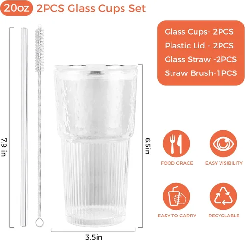 Miniatura 8 de Vasos de vidrio de 20 onzas con tapas y popotes: vaso de café helado con tapas, vasos gruesos reutilizables acanalados para llevar, vasos Matcha 2