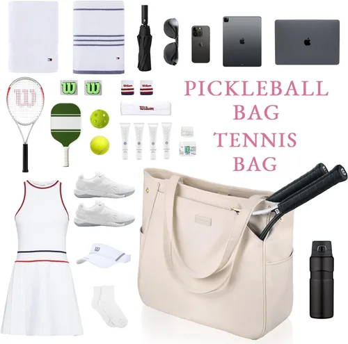 Miniatura 5 de CHICECO Bolsa de tenis para mujer, bolsa de raqueta de tenis grande, bolsa de tenis 2 raquetas, bolsa de pickleball, bolsa de pádel Beige