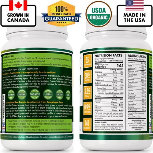 Miniatura 2 de FOLONA Proteína de guisante orgánico aislado, baja en sodio, guisantes cultivados en Canadá, 100% vegano, sin OGM, proteína en polvo a base