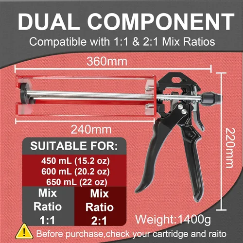 Miniatura 2 de Pistola epoxi aplicador de cartucho doble 450mL/600mL/22.0 fl oz, relación manual 1:1 y 2:1, dispensador adhesivo de 2 partes de alto empuje