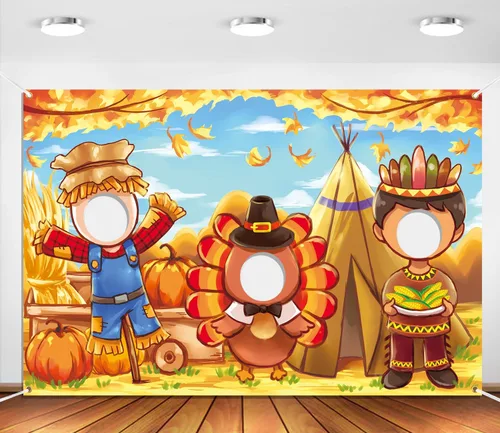 Miniatura 5 de Telón de fondo de cara en agujero de Acción de Gracias, 5 x 3.3 pies, espantapájaros, pavo, cara india, accesorios para fotos, fondo de fotografía