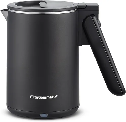 Elite Gourmet - Hervidor eléctrico de doble voltaje 120-230V, viaje con aislamiento de doble pared de tacto frío, 0.6L, hervidor eléctrico de acero