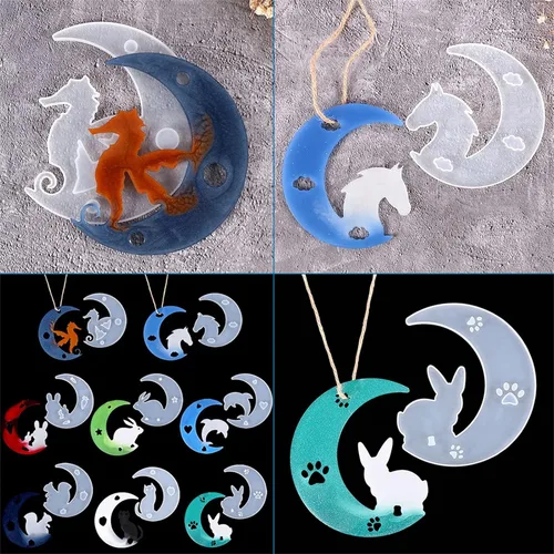 Miniatura 5 de Craftdady 8 moldes de silicona de luna creciente para animales, conejo, delfín, gato, ardilla, caballo, caballito de mar, moldes de fundición