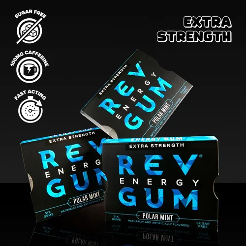Miniatura 3 de Rev Gum Caffeine Energy Gum Extra Strength 100 mg de cafeína por gema Goma de mascar de menta polar sin azúcar – Masticables bajos en calorías